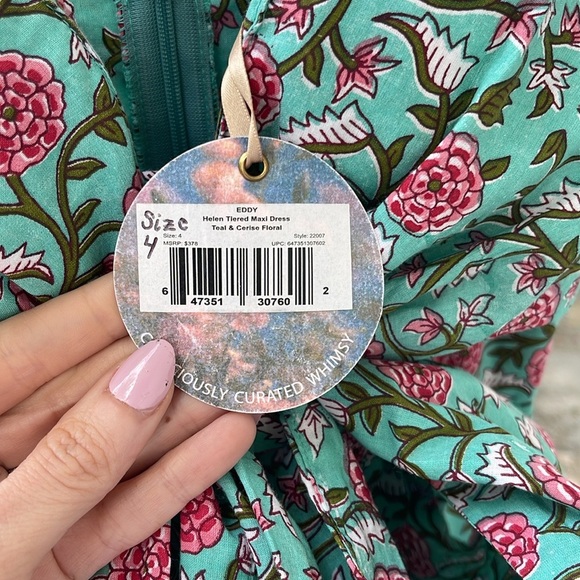 NWT 378 EDDY Helen Tiered Teal and Pink Floral Maxi Dress 100% Cotton Boho Luxe - Picture 9 of 10